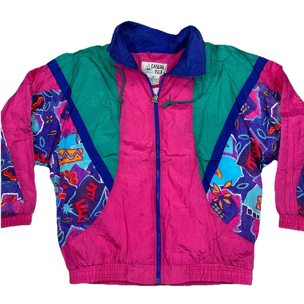 Vintage Casual Isle Nylon Windbreaker Bright Geometric Full‎ Zip Women's M
